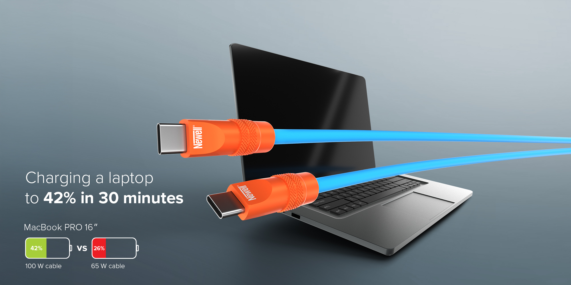 Kabel Newell USB-C - USB-C 100 W, 2 m, silikonowy, niebiesko-pomarańczowy